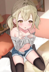 1girl azusawa_kohane bare_shoulders black_thighhighs blue_shorts blush breasts charl2837 clothes_lift denim denim_shorts embarrassed highres indoors lifting_own_clothes long_hair long_sleeves looking_to_the_side navel off-shoulder_shirt off_shoulder open_fly open_mouth panties project_sekai shirt shirt_lift shorts sitting small_breasts solo spaghetti_strap stomach thighhighs twintails underwear wariza white_panties yellow_eyes