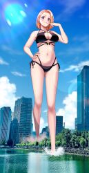 1girl absurdres bikini black_bikini blue_sky breasts building city cleavage cloud collarbone commission giant giantess highres large_breasts navel numaguro_(tomokun0808) orange_hair outdoors photo_background purple_eyes shiunji-ke_no_kodomotachi shiunji_banri skeb_commission sky skyscraper smile solo stomach swimsuit tree walking water