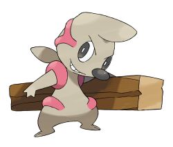 artist_request bad_tag black_eyes bright_pupils full_body gen_5_pokemon grin highres holding nintendo official_art pokemon pokemon_(creature) pokemon_bw pokemon_focus smile solo standing teeth third-party_source timburr transparent_background veins white_pupils wooden_beam