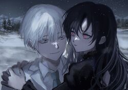 1boy 1girl akai_ringo_(eveyuno) black_dress black_hair dress highres long_hair long_sleeves looking_at_another original red_eyes snowing white_background white_hair