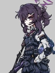 1girl black_gloves black_pants black_vest blue_archive fabarm_fp6 gloves grey_background gun hair_between_eyes halo haruka_(blue_archive) haruka_(suit)_(blue_archive) highres long_hair military military_operator necktie pants pump_action purple_eyes purple_hair purple_halo purple_necktie shirt shotgun simple_background vest weapon white_shirt yukiyuki_(yukiyukimac4260)