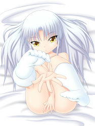 Rule 34 | 10s, 1girl, angel beats!, covering crotch, covering privates, feet, female focus, foreshortening, highres, long hair, no shoes, nude, nude cover, ossannoa, school uniform, socks, solo, tenshi (angel beats!), white hair, yellow eyes