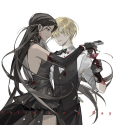 1boy 1girl absurdres alien_stage black_bow black_bowtie black_gloves black_skirt black_vest blonde_hair blood bow bowtie bracelet chinese_commentary cocktail_glass colored_eyelashes commentary_request cup dark-skinned_female dark_skin drinking_glass elbow_gloves gloves gun halterneck highres holding holding_cup holding_gun holding_weapon hyuna_(alien_stage) jewelry long_hair luka_(alien_stage) necklace pearl_bracelet pearl_necklace penzai_fengli sample_watermark shirt short_hair skirt very_long_hair very_short_hair vest watermark weapon white_shirt yellow_eyes