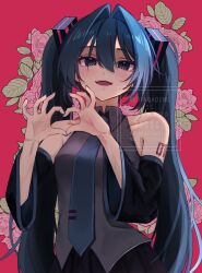 1girl aqua_eyes aqua_hair bare_shoulders black_skirt blue_eyes blue_hair blue_nails blue_necktie blush collared_shirt dated_commentary detached_sleeves floral_background flower four-finger_heart_hands grey_shirt h_raj_(pixiv_93311327) hair_between_eyes hair_intakes hair_ornament hatsune_miku heart heart_hands highres long_hair looking_at_viewer necktie open_mouth red_background rose shirt shoulder_tattoo skirt smile solo tattoo teeth twintails upper_teeth_only very_long_hair vocaloid