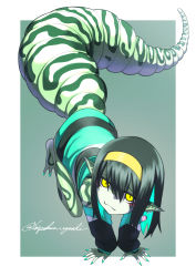 1girl :3 absurdres all_fours ear_piercing earrings fingernails gecko green_background green_hair green_nails headband highres jacket jacket_partially_removed jewelry leopard_gecko lizard_tail looking_at_viewer looking_up monster_girl nail_polish original piercing pointy_ears reptile_girl scales sharp_fingernails signature slit_pupils tail toipokun_oyashi yellow_eyes