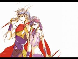 1980s_(style) bandana blood cape dagger earrings final_fantasy final_fantasy_ii firion grey_hair jewelry knife leila long_hair oldschool purple_eyes purple_hair short_hair ttt weapon