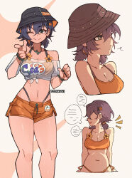 1girl belle_(zenless_zone_zero) blue_hair bucket_hat green_eyes hair_ornament hat highres letter_hair_ornament navel official_alternate_costume one_eye_closed orange_shorts see-through_clothes see-through_shirt shirt shorts solo speech_bubble wokiiarts zenless_zone_zero