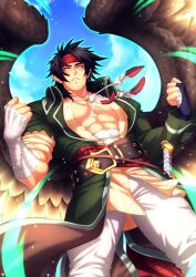 1boy abs bare_pectorals belt black_hair commentary crescentia_fortuna ear_chain english_commentary feather_necklace feathered_wings fire_emblem fire_emblem:_path_of_radiance fire_emblem:_radiant_dawn highres jewelry laguz_(fire_emblem) large_pectorals linked_piercing male_focus midriff_sarashi muscular muscular_male necklace nintendo pants parted_lips pectorals pointy_ears sarashi scar scar_on_chest scar_on_face sky solo tibarn_(fire_emblem) torn_sleeve white_pants wings yellow_eyes