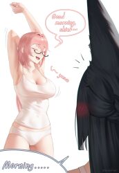 2girls :d absurdres animal_ears arm_behind_head arm_up armpits bare_arms black-framed_eyewear black_hair blunt_ends braid breasts camisole cleavage clenched_hand closed_eyes collarbone commentary embarrassed english_commentary english_text eweedraws facing_another fox_ears glasses hair_between_eyes hair_blush hair_intakes half_up_braid highres hoshimi_miyabi large_breasts long_hair midriff_peek motion_lines multiple_girls notice_lines open_mouth panties pink_hair semi-rimless_eyewear simple_background sleeveless smile sound_effects speech_bubble standing stretching teeth tsukishiro_yanagi twitter_username under-rim_eyewear underwear upper_teeth_only waking_up white_background white_camisole white_panties yawning yuri zenless_zone_zero
