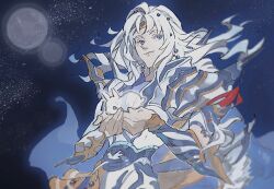 1boy animal armor blue_cape blue_eyes blue_headband breastplate bright_pupils cape cecil_harvey commentary dene_tri final_fantasy final_fantasy_iv full_armor full_moon hands_up headband holding holding_animal light_smile long_hair looking_to_the_side male_focus moon night night_sky outdoors pauldrons rabbit shoulder_armor sky solo spiked_armor spiked_pauldrons star_(sky) starry_sky tassel upper_body vambraces white_hair