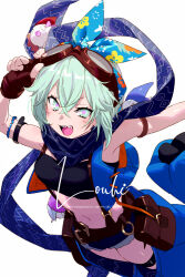 Rule 34 | 1girl, blue ribbon, blue scarf, blush, breasts, character name, echo (circa), fate/grand order, fate (series), green eyes, green hair, hair between eyes, hair ribbon, horns, looking at viewer, louhi (fate), navel, open mouth, ribbon, scarf, sharp teeth, short hair, sidelocks, small breasts, smile, teeth, thighs, tonttu (fate)