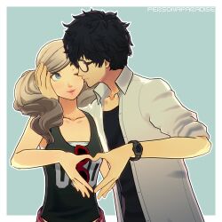 Rule 34 | 1boy, 1girl, absurdres, amamiya ren, artist name, black hair, black tank top, blonde hair, blush, closed eyes, commentary, commission, english commentary, glasses, hand on another&#039;s head, heart, heart hands, heart hands duo, highres, kiss, kissing cheek, persona, persona 5, personaparadise, simple background, smile, takamaki anne, tank top, twintails
