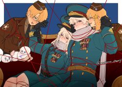2boys 2girls ahoge america_(female)_(hetalia) america_(hetalia) artist_name axis_powers_hetalia belt black_belt black_gloves black_necktie blonde_hair blue_background blue_dress blue_eyes blue_jacket blue_pants blue_shirt blush border bound breast_pocket brown_hat brown_jacket brown_shirt buttons closed_mouth collared_shirt commentary_request dress dual_persona fang genderswap genderswap_(mtf) gloves green_hat grey_scarf hair_between_eyes hair_ornament hand_on_another&#039;s_face hand_up hat hat_ornament hetero highres holding_another&#039;s_wrist holding_hands jacket lapels long_hair long_sleeves looking_at_another medal military_hat military_jacket military_uniform multiple_boys multiple_girls necktie on_chair open_mouth outside_border pants pocket purple_eyes russia_(female)_(hetalia) russia_(hetalia) scarf shirt short_hair sidelocks simple_background sitting skin_fang smile standing star_(symbol) star_hair_ornament star_hat_ornament star_print string string_of_fate teeth tied_up_(nonsexual) unicorn_chenji white_border white_hair yellow_belt