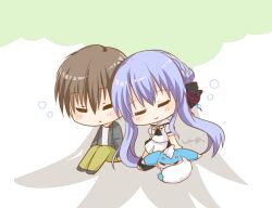 1boy 1girl :&gt; =_= ascot black_ascot black_bow blue_hair blush bow brown_hair chibi chibi_only closed_eyes closed_mouth commentary_request full_body hair_between_eyes hair_bow highres inari_(summer_pockets) long_hair miniskirt parted_lips school_uniform serafuku shirt short_hair short_sleeves side-by-side sidelocks simple_background sitting skirt sleeping smile sorakado_ao squeans summer_pockets summer_pockets_school_uniform takahara_hairi tree ura_(ura-tennislove) very_long_hair white_background white_serafuku white_shirt white_skirt