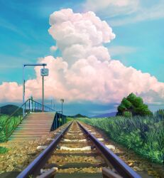 blue_sky cloud commentary_request cumulonimbus_cloud day grass highres koyama_satsuki no_humans original outdoors railing railroad_tracks rural scenery sky torii train_station tree