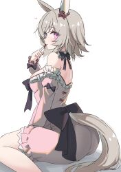1girl animal_ears ass bare_shoulders black_bow bow breasts commentary_request curren_chan_(umamusume) dress ear_ornament finger_to_mouth grey_dress grey_hair highres horse_ears horse_girl horse_tail index_finger_raised kibihimi large_breasts looking_at_viewer off-shoulder_dress off_shoulder purple_eyes short_hair sideboob simple_background sitting solo tail tongue tongue_out umamusume waist_bow white_background