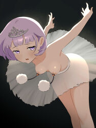 Rule 34 | 1girl, ballerina, bent over, black hair, blush, breasts, feet out of frame, female focus, kai-o, leaning forward, nipple piercing, nipples, open mouth, original, piercing, pom pom (clothes), purple eyes, purple hair, short hair, simple background, skirt, small breasts, solo, standing, thighs, tiara, topless female, white skirt