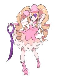 Rule 34 | 1girl, blonde hair, blue eyes, bow, breasts, cleavage, colored eyepatch, detached collar, dress, drill hair, earrings, eyepatch, footwear bow, frilled cuffs, frills, harime nui, heart, heart earrings, jewelry, kill la kill, long hair, owy3ks, pink bow, pink dress, pink wrist cuffs, scissor blade (kill la kill), smile, twin drills, white background, wrist cuffs