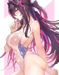 1girl absurdres alternate_costume arm_behind_back azki_(hololive) backless_swimsuit black_hair blue_one-piece_swimsuit braid breasts cleavage colored_inner_hair commentary_request covered_navel from_side hair_intakes hair_ornament hairclip half_up_half_down_braid hand_up highleg highleg_one-piece_swimsuit highres hololive long_hair looking_at_viewer medium_breasts multicolored_hair nail_polish omoti_(1201208) one-piece_swimsuit pink_hair pink_nails purple_eyes sidelocks solo swimsuit two-tone_one-piece_swimsuit very_long_hair virtual_youtuber white_one-piece_swimsuit