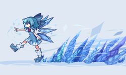 Rule 34 | 1girl, absurdres, blue background, blue dress, blue eyes, blue hair, bow, chibi, cirno, dress, extended arm, full body, highres, ice, ice floor, ice shard, ice skating, ice wings, shoes, skating, skirt, smallendu, snow flakes, touhou, wings