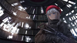 1girl :3 absurdres alternate_costume assault_rifle beret blue_eyes bulletproof_vest commentary_request dome female_focus from_below girls&#039;_frontline gloves gun hat highres kalashnikov_rifle long_hair nighttsound ots-12_(girls&#039;_frontline) ots-12_tiss rifle ruins safety_glasses silver_hair solo star_(symbol) symbol-shaped_pupils tactical_clothes weapon