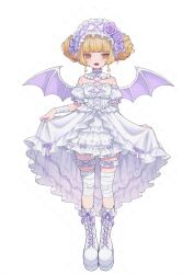 1girl :d animal_print bandaged_arm bandaged_leg bandages bat_print bat_wings blonde_hair blunt_bangs boots collar cross-shaped_pupils detached_collar detached_sleeves double_bun dress fangs flat_chest flower frilled_collar frilled_dress frilled_thigh_strap frills full_body hair_bun hairband high-low_dress highres jashin_omega knee_boots lace-up_boots lifting_own_clothes lolita_hairband looking_at_viewer nelta_rene official_alternate_costume official_art open_mouth platform_boots purple_flower purple_rose razz_production rose sample_watermark short_sleeves simple_background skindentation smile solo standing symbol-shaped_pupils thigh_strap virtual_youtuber watermark white_background white_boots white_dress wings yellow_eyes