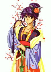 1990s_(style) 1girl brown_eyes chinese_clothes flower fushigi_yuugi hair_between_eyes hair_ornament hair_up hanfu highres long_braid looking_at_viewer non-web_source nuriko_(fushigi_yuugi) official_art portrait purple_hair retro_artstyle sash scan smile solo white_background yellow_sash