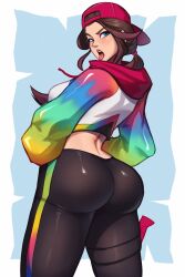 1girl ahoge ass ass_focus baseball_cap blue_eyes blush breasts brown_hair from_behind hands_in_pockets hat highres huge_ass jacket large_breasts long_hair looking_at_viewer looking_back loserfruit low_ponytail magaska open_mouth original pants ponytail sideboob solo tight_clothes tight_pants tongue tongue_out very_long_hair