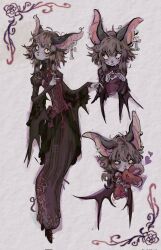 1girl :&lt; :3 animal_ears animal_nose arm_up bat_ears bat_girl black_fur black_hair black_shoes blush bow breasts brown_hair closed_mouth coat commentary cross cross_earrings cross_moline dizzychelsy dress earrings embarrassed english_commentary fang floral_print full_body furry furry_female grey_skirt heart highres holding holding_stuffed_toy index_fingers_together jewelry looking_at_viewer medium_hair monster_girl nervous_sweating open_mouth original piercing puffy_short_sleeves puffy_sleeves red_bow red_coat red_dress red_eyes shoes short_sleeves skinny skirt small_breasts solo stuffed_animal stuffed_toy sweat