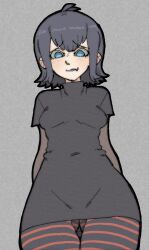 1girl antenna_hair black_dress black_hair black_lips blue_eyes blush_stickers breasts bridal_gauntlets covered_navel cowboy_shot dress fang fang_out gluteal_fold grey_background hotel_transylvania looking_at_viewer mavis_dracula multicolored_pantyhose pantsu-ripper pantyhose short_hair simple_background small_breasts thighs wide_hips