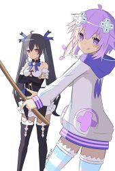 Rule 34 | 2girls, absurdres, artist request, bare shoulders, black hair, bokken, breasts, cleavage, cuffs-to-collar, d-pad, d-pad hair ornament, hair ornament, highres, holding, holding sword, holding weapon, hood, hoodie, long hair, long sleeves, medium breasts, multiple girls, neptune (neptunia), neptune (series), noire (neptunia), purple eyes, purple hair, red eyes, ribbon, short hair, smile, striped clothes, striped thighhighs, sword, thighhighs, tongue, tongue out, twintails, usb, very long hair, weapon, wooden sword