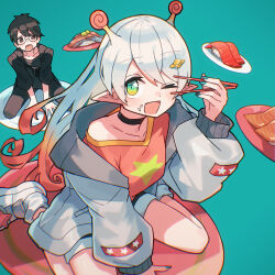 1boy 1girl absurdres antennae aqua_background aqua_nails black_choker black_eyes black_hair black_jacket black_shirt choker commentary food food_on_face glasses gradient_eyes gradient_hair green_eyes grey_jacket highres jacket katsu_(katsupainter) long_hair looking_at_viewer multicolored_eyes multicolored_hair nail_polish official_art one_eye_closed open_mouth orange_hair orange_shirt original pointy_ears rice rice_on_face shirt shoes short_hair shorts simple_background sitting sushi wariza white_hair white_shoes