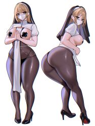 1girl absurdres adramallih ass black_eyes black_shoes blonde_hair breasts collar commentary english_commentary facing_viewer headdress high_heels highres looking_at_viewer mask medium_breasts mouth_mask nun original own_hands_together pantyhose shoes simple_background standing white_background