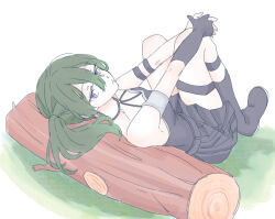 1girl absurdres bare_shoulders black_boots black_dress black_gloves boots breasts closed_mouth dress gloves grey_hair highres knees_up leaning_back log looking_at_viewer pleated_dress purple_eyes seila_rei side_ponytail single_glove sitting small_breasts solo sousou_no_frieren thigh_strap ubel_(sousou_no_frieren) white_background