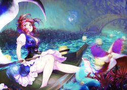 1girl absurdres barefoot blue_dress blurry boat breasts bridge cleavage commentary depth_of_field dress flower frilled_dress frills hair_bobbles hair_ornament highres holding holding_scythe lantern onozuka_komachi parted_lips red_eyes red_flower red_hair river sanzu_river sash scythe short_sleeves sitting spider_lily touhou two_side_up wakichimiu watercraft
