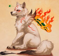 Rule 34 | amaterasu (ookami), animal, animal focus, artist name, closed mouth, commentary, english commentary, fire, full body, ink, ink trail, issun, motion lines, no humans, ookami (game), orange background, reflector (ookami), simple background, sitting, solo, susante, white wolf, wolf