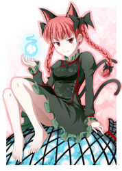1girl animal_ears barefoot braid cat_ears cat_girl cat_tail feet female_focus kaenbyou_rin legs multiple_tails red_eyes red_hair short_hair solo tail touhou tri twin_braids twintails