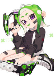 1girl :p absurdres bandaid bandaid_on_face bandaid_on_thigh black_sweater colored_tongue dolphin_shorts dual_wielding earphones green_hair highres holding holding_weapon long_sleeves nintendo octoling octoling_girl octoling_player_character pink_eyes sabata_saba shoes shorts solo splatoon_(series) sweater tetra_dualies_(splatoon) tongue tongue_out weapon white_background white_shoes