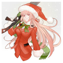 Rule 34 | 1girl, ammunition, arlizi, border, bow, bowtie, braid, collared shirt, fate/grand order, fate (series), florence nightingale (fate), florence nightingale (santa) (fate), french braid, fur-trimmed headwear, fur-trimmed jacket, fur trim, gloves, green bow, green bowtie, gun, hair spread out, hat, highres, holding, holding gun, holding weapon, jacket, light machine gun, long hair, long sleeves, looking at viewer, machine gun, pink hair, pom pom, red bow, red bowtie, red eyes, santa costume, santa hat, shirt, simple background, solo, suit jacket, trigger discipline, upper body, very long hair, weapon, white gloves, white shirt