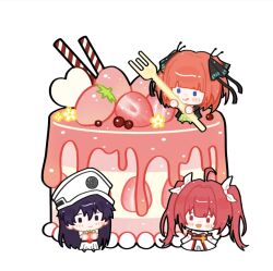 3girls :d :q ahoge bambietta_basterbine birthday_cake black_hair black_ribbon bleach blunt_bangs blush bow cake chibi chibi_only closed_mouth commentary crossover date_a_live deadman70232800 detached_sleeves dress food fork fruit go-toubun_no_hanayome green_skirt hair_between_eyes hair_bow hair_intakes hair_ribbon hat heart holding holding_food holding_fork holding_fruit itsuka_kotori long_hair looking_at_viewer multiple_girls nakano_nino open_mouth red_hair ribbon school_uniform simple_background skirt sleeveless sleeveless_dress smile strawberry strawberry_slice taketatsu_ayana tongue tongue_out twintails two_side_up very_long_hair voice_actor_connection white_background white_bow white_dress white_hat white_skirt wide_sleeves