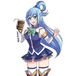 Rule 34 | 1girl, :d, aqua (konosuba), artist name, blue dress, blue eyes, blue hair, breasts, cowboy shot, cup, dress, drink, hair ornament, holding, holding cup, holding drink, kono subarashii sekai ni shukufuku wo!, liquid, long hair, looking at viewer, merotenshi, open mouth, pale skin, signature, simple background, smile, solo, teeth, thighhighs, upper teeth only, white background, wooden cup
