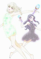 2girls arm_up armpits bare_arms bare_legs black_hair blonde_hair blunt_bangs bob_cut choker cure_kiss cure_zukyuun dress finger_gun full_body hair_ornament hair_ribbon hair_tie highres holding holding_stick holding_weapon kimi_to_idol_precure long_hair low_twintails mature_female medium_hair multiple_girls open_mouth parted_bangs partially_undressed precure purple_eyes red_eyes ribbon ribbon_choker shiny_clothes shiny_skin smile stick sugimoto_miho tight_clothes tight_dress transformation transforming_clothes transforming_weapon twintails very_long_hair weapon white_background