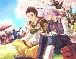 6+boys alcohol arm_sling bandaged_arm bandaged_neck bandages black_hair brown_hair cherry_blossoms choko_(cup) chousokabe_motochika_(sengoku_basara) crossed_ankles cup date_masamune_(sengoku_basara) falling_petals feet_out_of_frame fuuma_kotarou_(sengoku_basara) grass holding holding_cup ishida_mitsunari_(sengoku_basara) katakura_kojuurou_(sengoku_basara) kuroda_kanbei_(sengoku_basara) long_hair looking_at_another looking_at_object maeda_keiji_(sengoku_basara) male_focus minami_seira mouri_motonari_(sengoku_basara) multiple_boys on_grass ootani_yoshitsugu_(sengoku_basara) outdoors petals ponytail pouring red_umbrella sake sanada_yukimura_(sengoku_basara) sarutobi_sasuke_(sengoku_basara) sengoku_basara shimazu_yoshihiro_(sengoku_basara) short_hair sitting sitting_on_branch tokkuri tokugawa_ieyasu_(sengoku_basara) umbrella white_hair