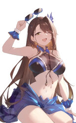 1girl absurdres arm_up armpits bare_shoulders beatrix_(granblue_fantasy) beatrix_(summer)_(granblue_fantasy) bikini black_bikini blue-framed_eyewear blue_sarong blush breasts brown_eyes brown_hair commentary_request granblue_fantasy highres holding holding_removed_eyewear large_breasts long_hair looking_at_viewer navel official_alternate_costume open_mouth sarong see-through_clothes see-through_sarong semi-rimless_eyewear simple_background smile solo sukaliya sunglasses swimsuit thighs unworn_eyewear wet white_background wrist_wrap