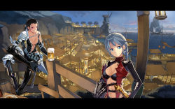 2girls alcohol beek beer black_hair blue_eyes braid fiona_(mabinogi) highres letterboxed mabinogi mabinogi_heroes multiple_girls red_eyes weapon white_hair