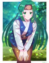 1girl absurdres belt blue_tunic blurry blurry_background blush_stickers brown_belt brown_pantyhose colored_eyelashes commentary_request cowboy_shot forest green_eyes green_hair hands_on_own_knees headband highres leaning_forward long_hair long_sleeves mega_man_(series) mega_man_battle_network mega_man_battle_network_(series) nature outside_border pantyhose sal_(mega_man) shadow solo spiral tunic very_long_hair