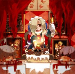 10s 3girls ahoge ayame_hashinimasen bags_under_eyes blonde_hair blood brown_eyes cake candle commentary_request eyeball food fork ghost grave hair_over_one_eye handprint hoshi_syoko idolmaster idolmaster_cinderella_girls kawaii_boku_to_142&#039;s_(idolmaster) koshimizu_sachiko left-handed long_hair looking_at_viewer multiple_girls open_mouth portrait_(object) purple_hair red_eyes shirasaka_koume short_hair silver_hair skull smile