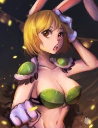 Rule 34 | armor, beast pirates uniform, bikini armor, blonde hair, breasts, cape, carrot (one piece), cleavage, gloves, highres, lantern, lights, medium breasts, one piece, rabbit ears, rabbit girl, short hair