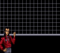 Rule 34 | 1boy, area 88, capcom, cowboy shot, daipro, grid, hand on own hip, lowres, lt. col. saki vashutal, saki vashutal, screencap, solo, standing, u.n. squadron