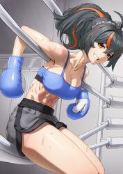 1girl abs artist_request black_hair boxing_gloves boxing_ring breasts large_breasts multicolored_hair shorts smile streaked_hair sweat tagme zenless_zone_zero zhu_yuan